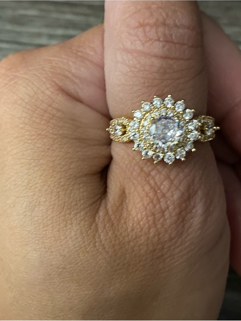 Elegant 18k plated Gold Halo Engagement Ring with Moissanite Stone